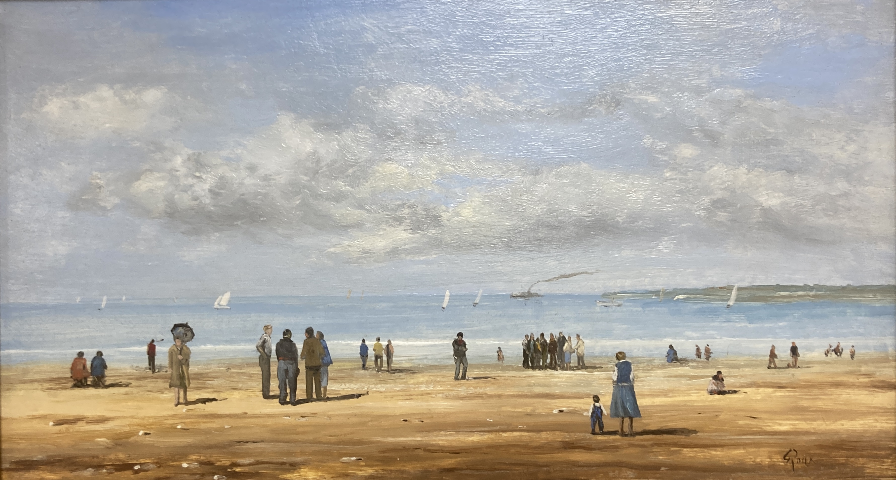 Gerard Roux (1946-), oil on canvas, Promenade à Mareé Basse, signed, 19 x 33cm